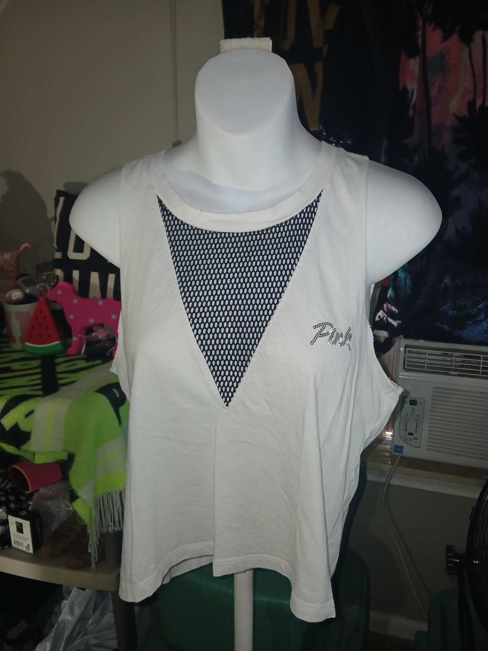 White Tank Top Slight Crop Sequined Bling Black Mesh Front Fun Casual Summer XS